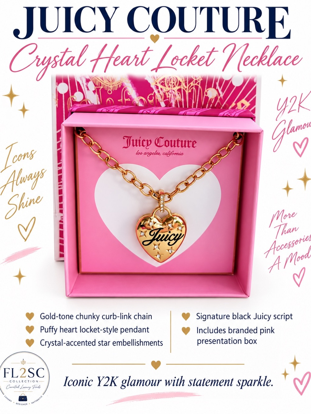Juicy Couture Gold Heart Locket Necklace with Black Script